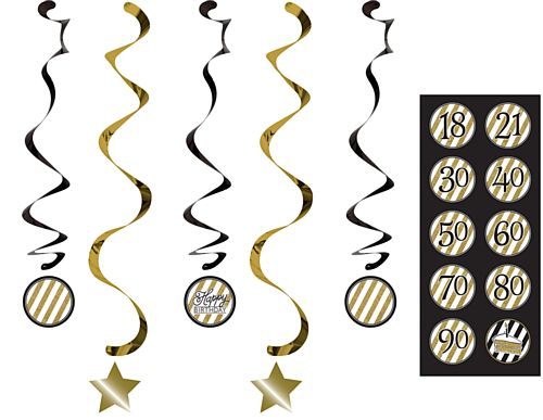 Black and Gold Birthday Whirl Decorations - 91cm - Pack of 5