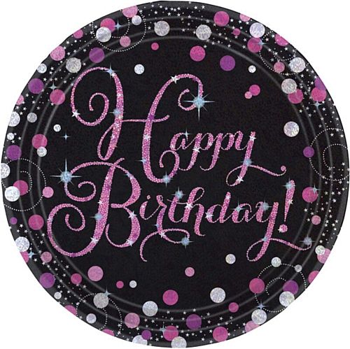 Pink Celebration "Happy Birthday" Paper Plates - 9" - Pack of 8
