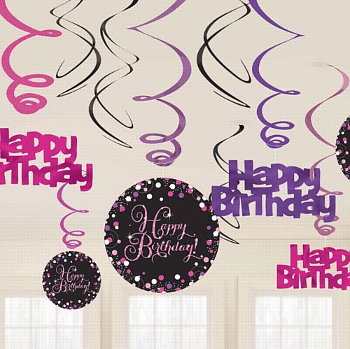 Pink Celebration "Happy Birthday" Swirl Decorations - 45cm - Pack of 12