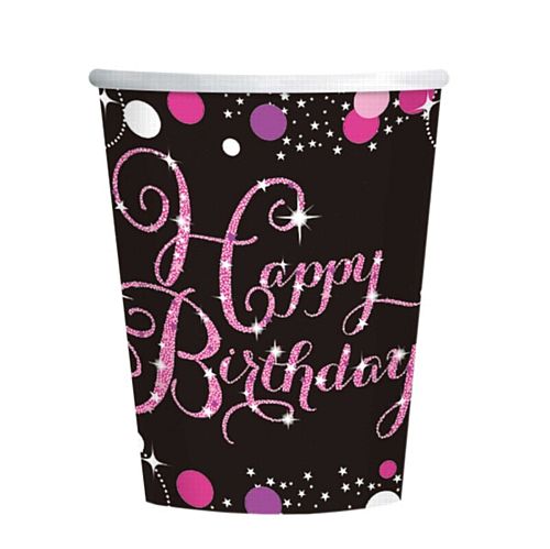 Pink Celebration "Happy Birthday" Paper Cups - 266ml - Pack of 8