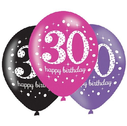 Pink Celebration "30th Birthday" Latex Balloons - 11" - Pack of 6