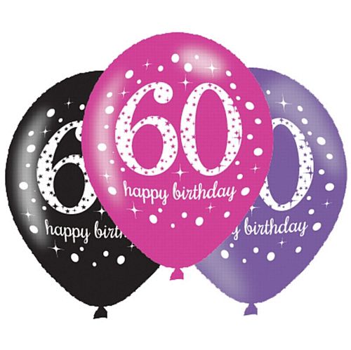 Pink Celebration "60th Birthday" Latex Balloons - 11" - Pack of 6