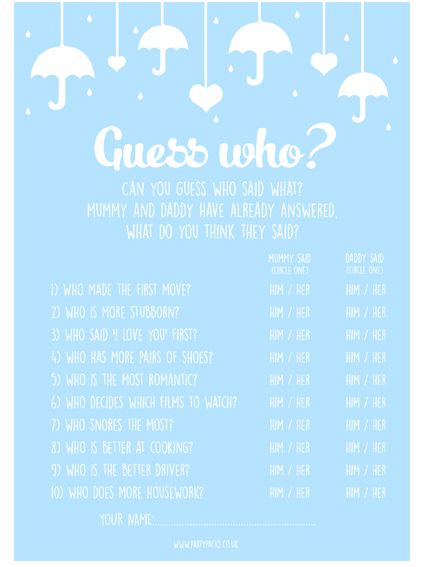 Baby Shower Guess Who? Mr & Mrs Game- Pack Of 8