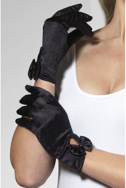 Short Black Satin Gloves With Bow