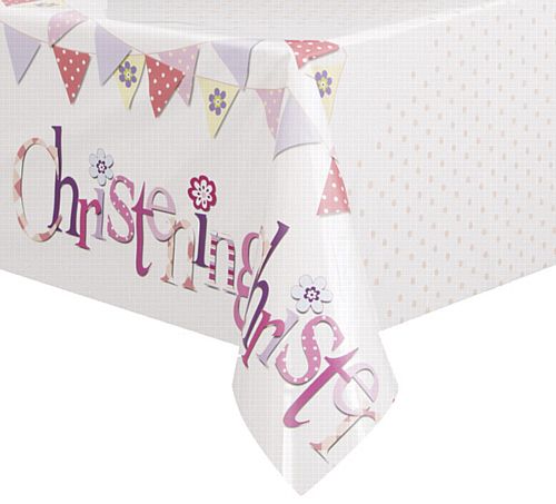 Pink Christening Plastic Tablecloth - 2m