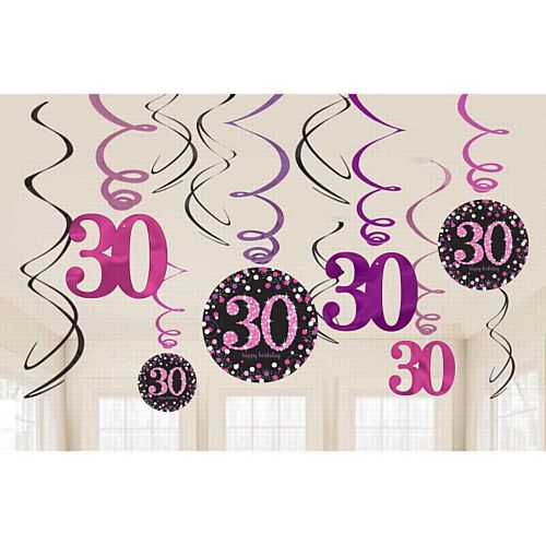 Pink Celebration 30th Hanging Swirl Decorations - 45.7cm - Pack of 12