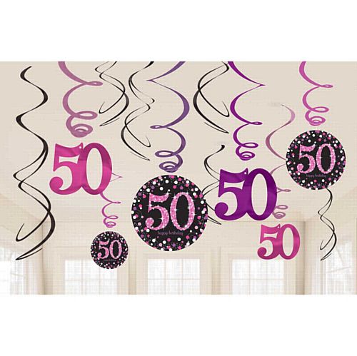 Pink Celebration 50th Hanging Swirl Decorations - 45.7cm - Pack of 12
