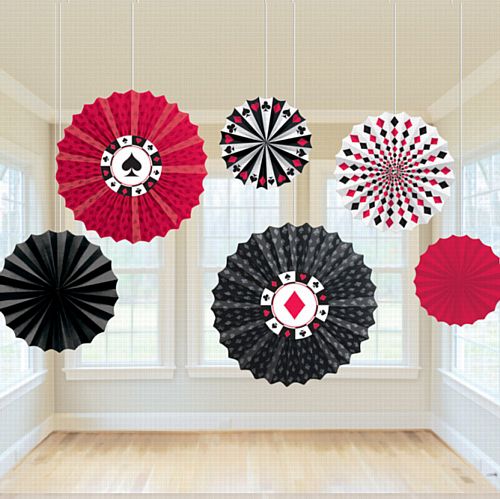Casino Paper Fan Decorations - 30.5cm to 40.6cm - Pack of 6