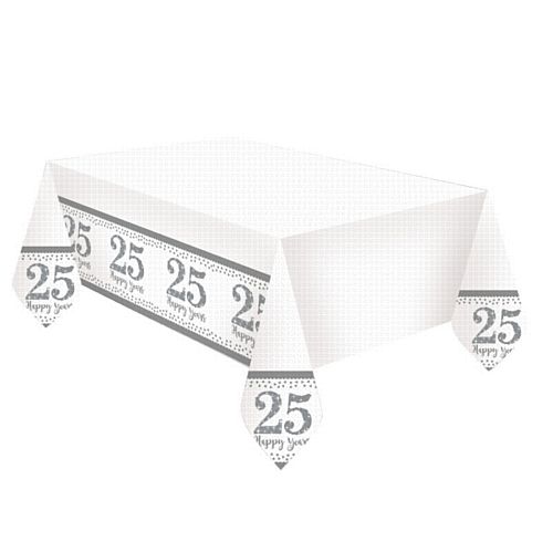 Sparkling Silver Anniversary Plastic Tablecloth - 1.8m