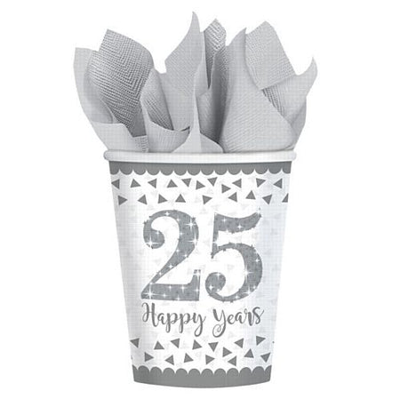Sparkling Silver Anniversary Paper Cups - 266ml - Pack of 8