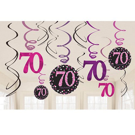 Pink Celebration 70th Hanging Swirl Decorations - Pack of 12