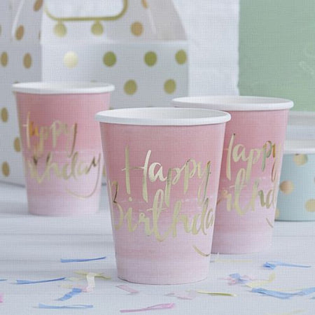 Gold Foiled Pink Ombre Happy Birthday Paper Cups - 9oz - Pack of 8