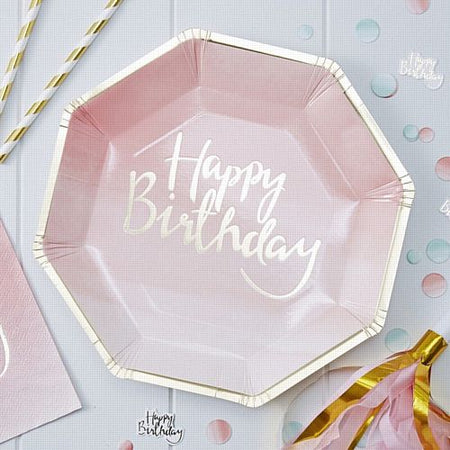 Gold Foiled Pink Ombre Happy Birthday Paper Plates - 25cm - Pack of 8