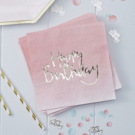 Gold Foiled Pink Ombre Happy Birthday Paper Napkins - 33cm - Pack of 20