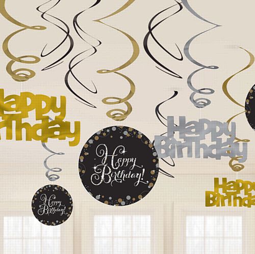 Gold Celebration "Happy Birthday" Swirl Decorations - 45cm - Pack of 12