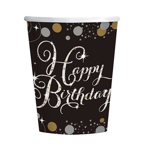 Gold Celebration "Happy Birthday" Paper Cups - 266ml - Pack of 8