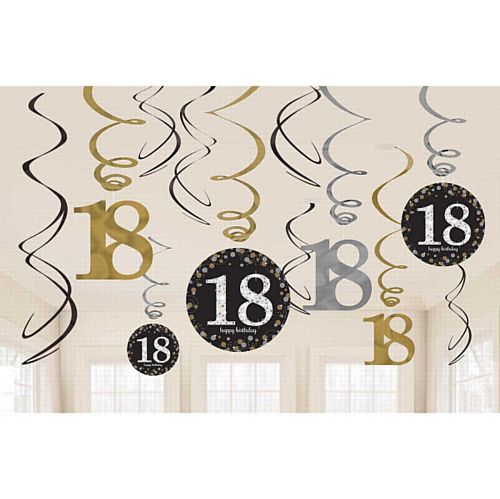 Gold Celebration 18th Hanging Swirl Decorations - 45.7cm - Pack of 12