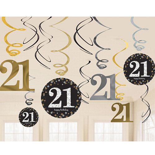 Gold Celebration 21st Hanging Swirl Decorations - 45.7cm - Pack of 12