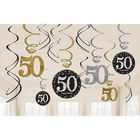 Gold Celebration 50th Hanging Swirl Decorations - 45.7cm - Pack of 12