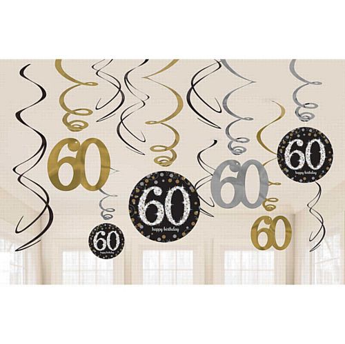 Gold Celebration 60th Hanging Swirl Decorations - 45.7cm - Pack of 12