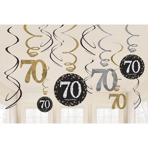 Gold Celebration 70th Hanging Swirl Decorations - 45.7cm - Pack of 12