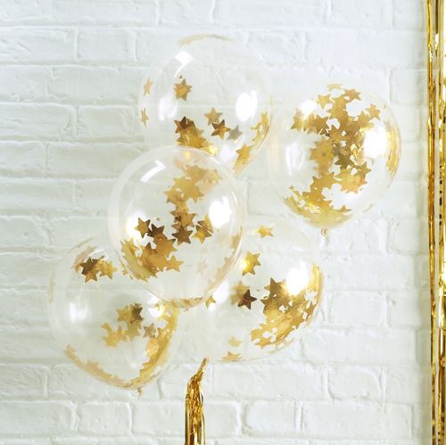 Gold Star Shaped Confetti Filled Balloons 12" - Pack Of 5