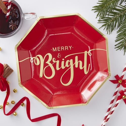 Red Foiled Merry And Bright Paper Plates - 23cm - Pack Of 8