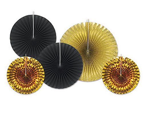 Black And Gold Assorted Fan Decorations - Pack Of 5