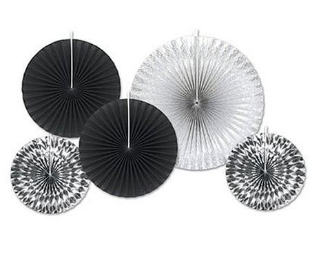 Black And Silver Assorted Fan Decorations - Pack Of 5