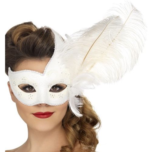 Columbina White Feather Masquerade Eye Mask