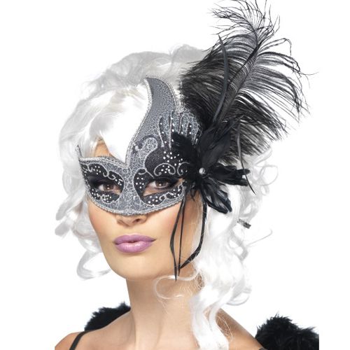Black & Silver Feather Masquerade Eye Mask