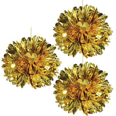 Gold Metallic Pom Pom Decorations - 41cm - Pack of 3