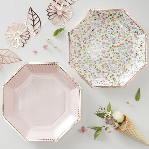 Rose Gold Foiled Floral Paper Plates - Ditsy Floral - 23cm - Pack of 8