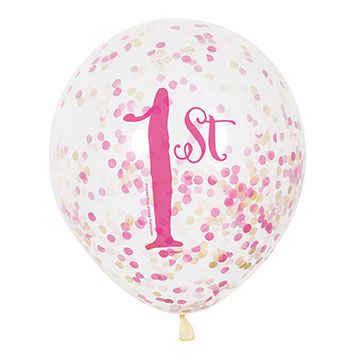 First Birthday Clear Balloons with Confetti - Pink - 30cm - Pack of 6
