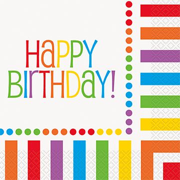 Rainbow Birthday Lunch Napkins with 'Happy Birthday' Message - Pack of 16