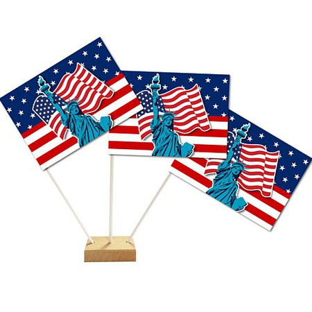 American USA Flag Statue of Liberty Paper Table Flags - 15cm on 30cm Pole - Each