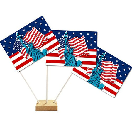American Flag and Statue of Liberty Paper Table Flags 15cm on 30cm Pole