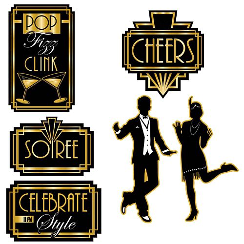 8-Pack Roaring 20's Gatsby Street Sign Cutouts - Gold Vinyl Retro Party Decor, Wedding & Photo Props