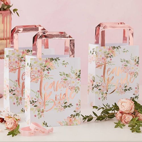 Floral Team Bride Party Bags - 24cm x 35cm - Pack of 5 - hen do gift bags