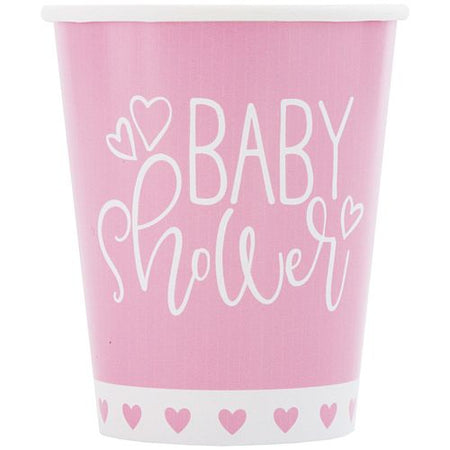 Pink Hearts Baby Shower Paper Cups - 266ml - Pack of 8