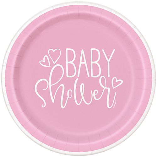 Pink Hearts Baby Shower Plates - 23cm - Pack of 8