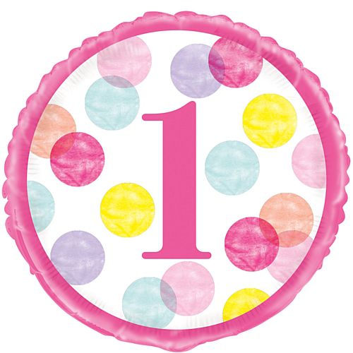 Pink Dots First Birthday Round Foil Balloon - 18"