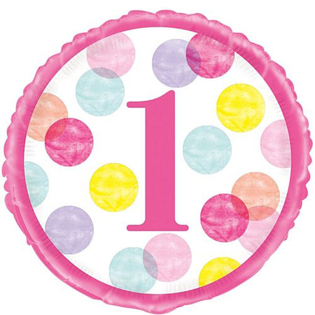 Pink Dots First Birthday Round Foil Balloon - 18