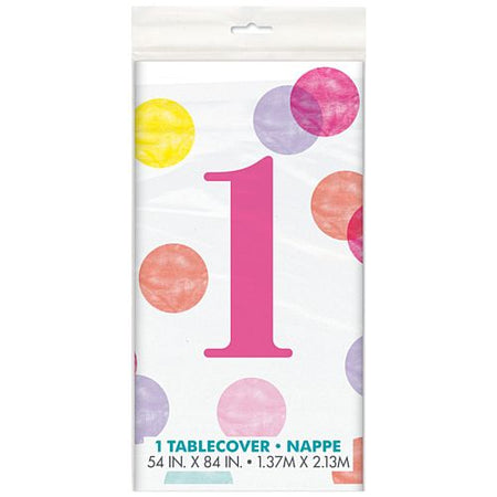 Pink Dots First Birthday Rectangular Plastic Tablecloth - 2.1m