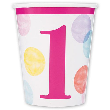 Pink Dots First Birthday Paper Cups - 266ml - Pack of 8