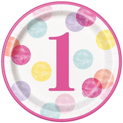 Pink Dots First Birthday Round Dinner Plate - 23cm - Pack of 8