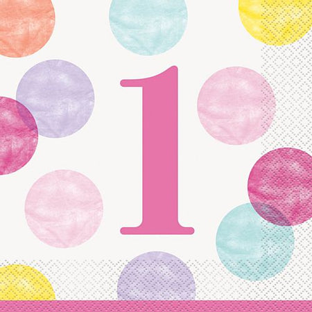 Pink Dots First Birthday Luncheon Napkins - Pack of 16
