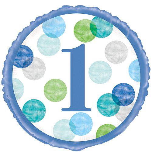 Blue Dots First Birthday Round Foil Balloon - 18"