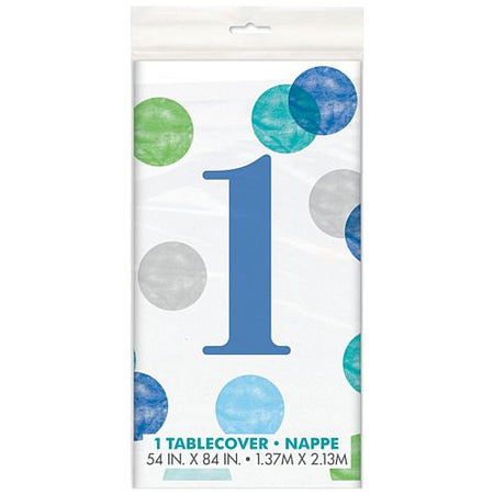 Blue Dots First Birthday Rectangular Plastic Tablecloth - 2.1m