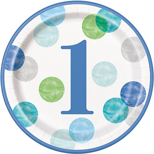 Blue Dots First Birthday Round Dinner Plates - 9" - Pack of 8